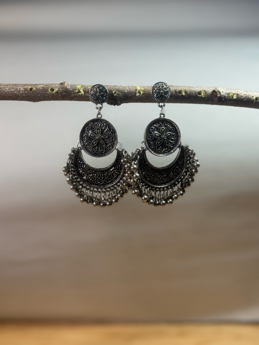 Oxidized Silver Boho Filigree Drop Earrings - Women Jewelry